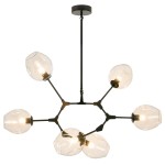 Lampa wisząca Modern Orchid w kolorze czarnym z bursztynowymi kloszami. Posiada sześć gniazd E27, z metalową konstrukcją i przezroczystymi, szklanymi kloszami o zaokrąglonym kształcie. Ujęcie z góry, wisząca, elegancka forma.