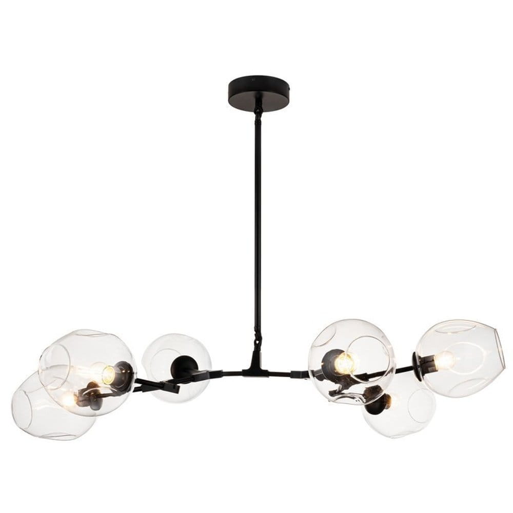Lampa wisząca Modern Orchid w kolorze czarnym z sześcioma transparentnymi kloszami. Ułożona w poziomie, z metalową konstrukcją i szklanymi kulami. Wymiary nieokreślone. Idealna do nowoczesnych wnętrz.