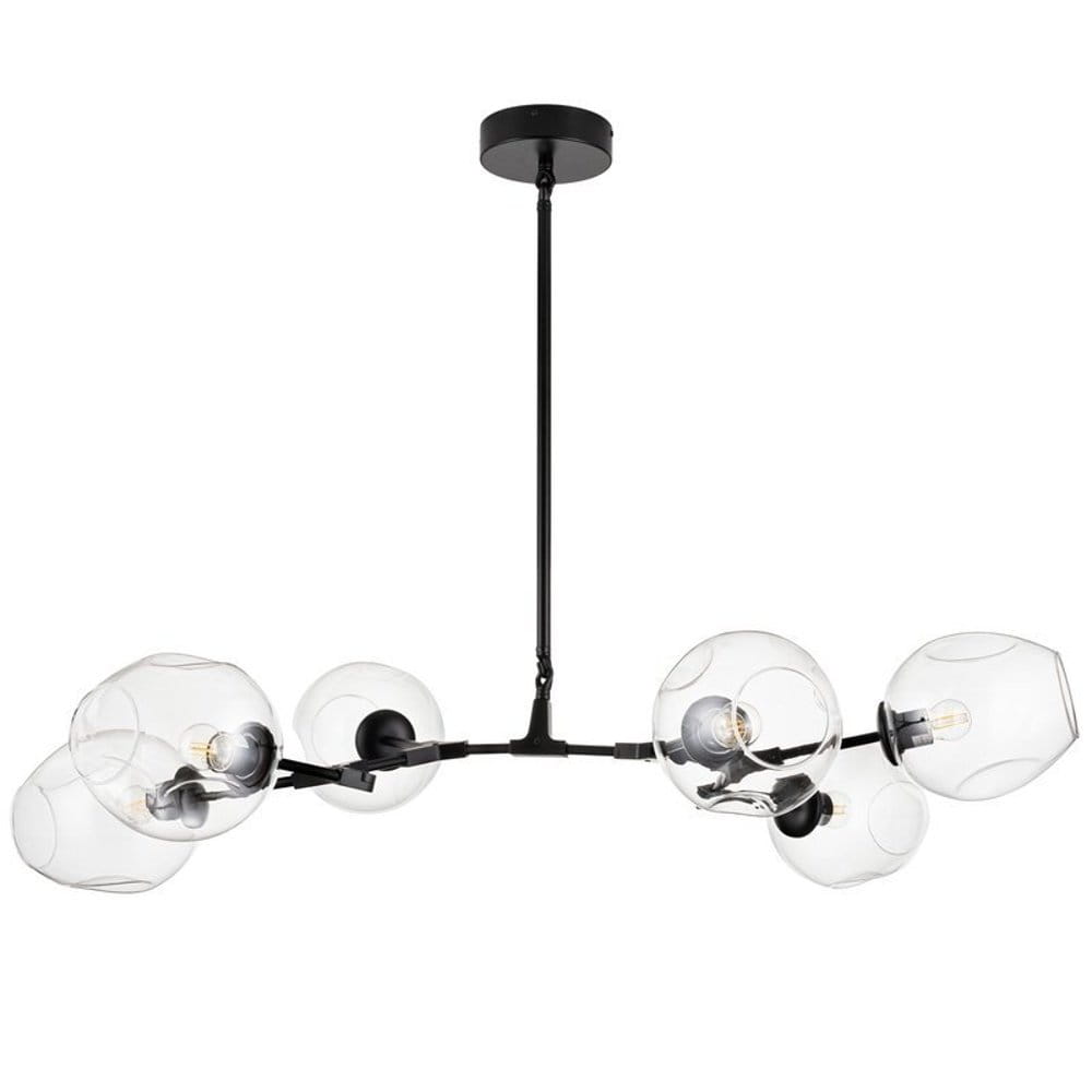 Lampa wisząca Modern Orchid, czarna z sześcioma transparentnymi kloszami. Ujęcie frontalne, wisząca konstrukcja na długim przewodzie. Klosze o owalnym kształcie, z widocznymi oprawkami E27. Elementy metalowe w kolorze czarnym.