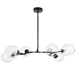 Lampa wisząca Modern Orchid, czarna z sześcioma transparentnymi kloszami. Ujęcie frontalne, wisząca konstrukcja na długim przewodzie. Klosze o owalnym kształcie, z widocznymi oprawkami E27. Elementy metalowe w kolorze czarnym.