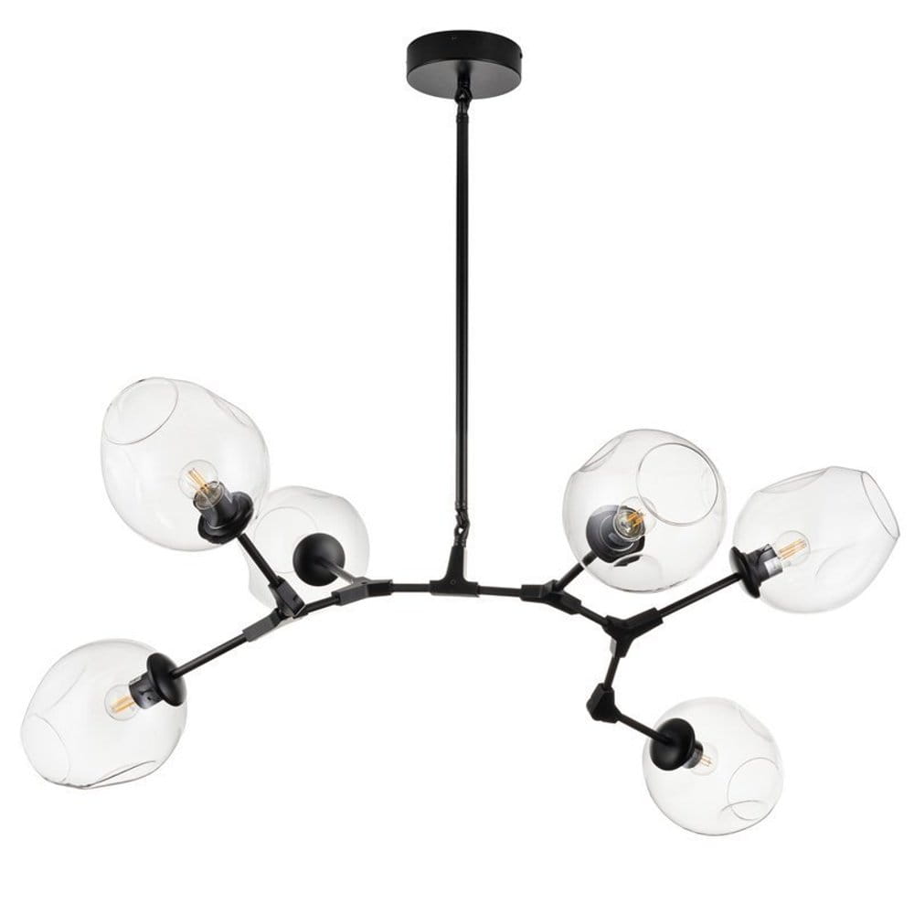 Lampa wisząca Modern Orchid z sześcioma oprawami E27, w kolorze czarnym i transparentnym. Szklane klosze o zaokrąglonym kształcie zawieszone na cienkiej, czarnej konstrukcji. Ujęcie z przodu, lampa w pozycji wiszącej, sufitowy mocowanie widoczne na górze.
