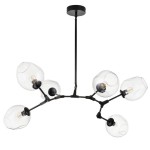 Lampa wisząca Modern Orchid z sześcioma oprawami E27, w kolorze czarnym i transparentnym. Szklane klosze o zaokrąglonym kształcie zawieszone na cienkiej, czarnej konstrukcji. Ujęcie z przodu, lampa w pozycji wiszącej, sufitowy mocowanie widoczne na górze.
