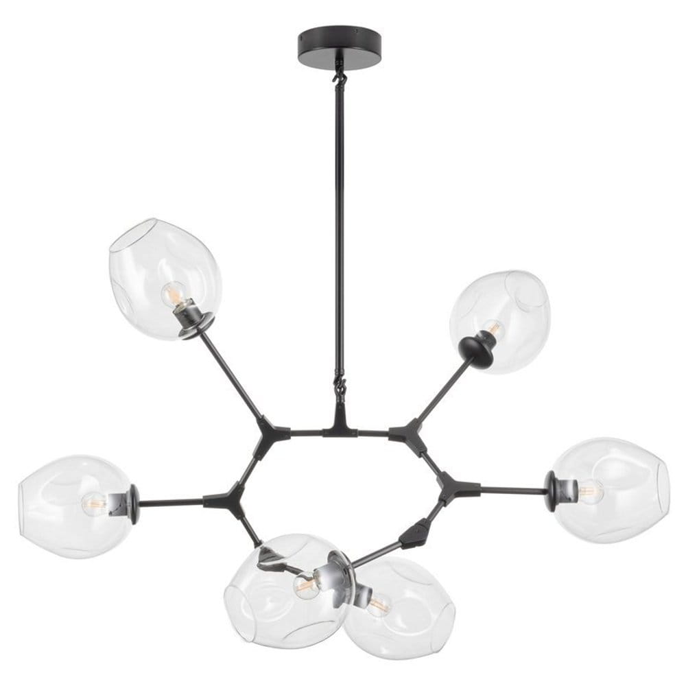 Lampa wisząca Modern Orchid w kolorze czarnym z sześcioma transparentnymi kloszami. Ułożona w formie okręgu z metalowymi ramionami, zawieszona na cienkim przewodzie. Klosze mają okrągły kształt, z widocznymi żarówkami E27.