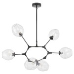 Lampa wisząca Modern Orchid w kolorze czarnym z sześcioma transparentnymi kloszami. Ułożona w formie okręgu z metalowymi ramionami, zawieszona na cienkim przewodzie. Klosze mają okrągły kształt, z widocznymi żarówkami E27.