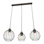 Czarna lampa wisząca Nando z trzema kloszami w formie siatki, zawieszona na prostej listwie. Każdy klosz mieści żarówkę E27, a całość ma nowoczesny, minimalistyczny design. Produkt umieszczony na jednolitym tle.