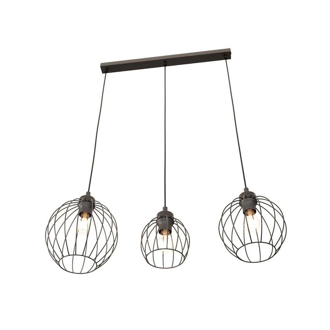 Lampa wisząca Nando 3BL w kolorze czarnym z trzema kloszami w formie siatki. Klosze zawieszone na cienkich linkach, montowane do prostokątnej listwy sufitowej. Źródła światła E27, idealna do nowoczesnych wnętrz.