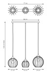 Lampa wisząca Nando 3GL z trzema oprawami E27, czarno-złota. Kąt ujęcia z boku, pokazujący wymiary: długość 77 cm, wysokość 140 cm (max), szerokość opraw 21 cm, 16 cm i 24 cm. Struktura metalowa z okrągłymi kloszami, zawieszona na sznurach.