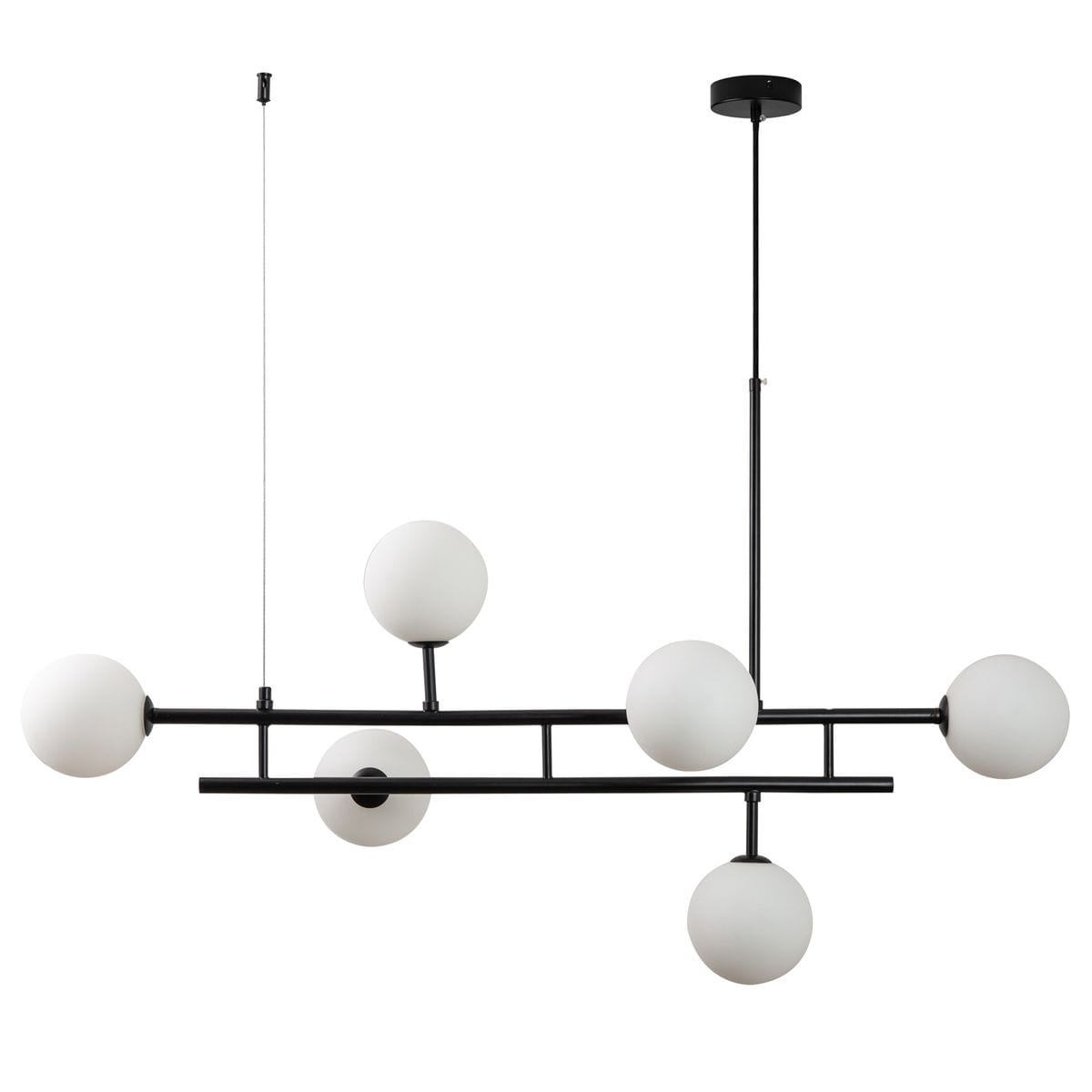Lampa wisząca Moderno Duo 6xG9 w kolorze czarnym z sześcioma okrągłymi kloszami z białego szkła. Ujęcie z boku, zawieszona na regulowanym przewodzie, z widoczną metalową konstrukcją. Prosty, nowoczesny design idealny do aranżacji wnętrz.