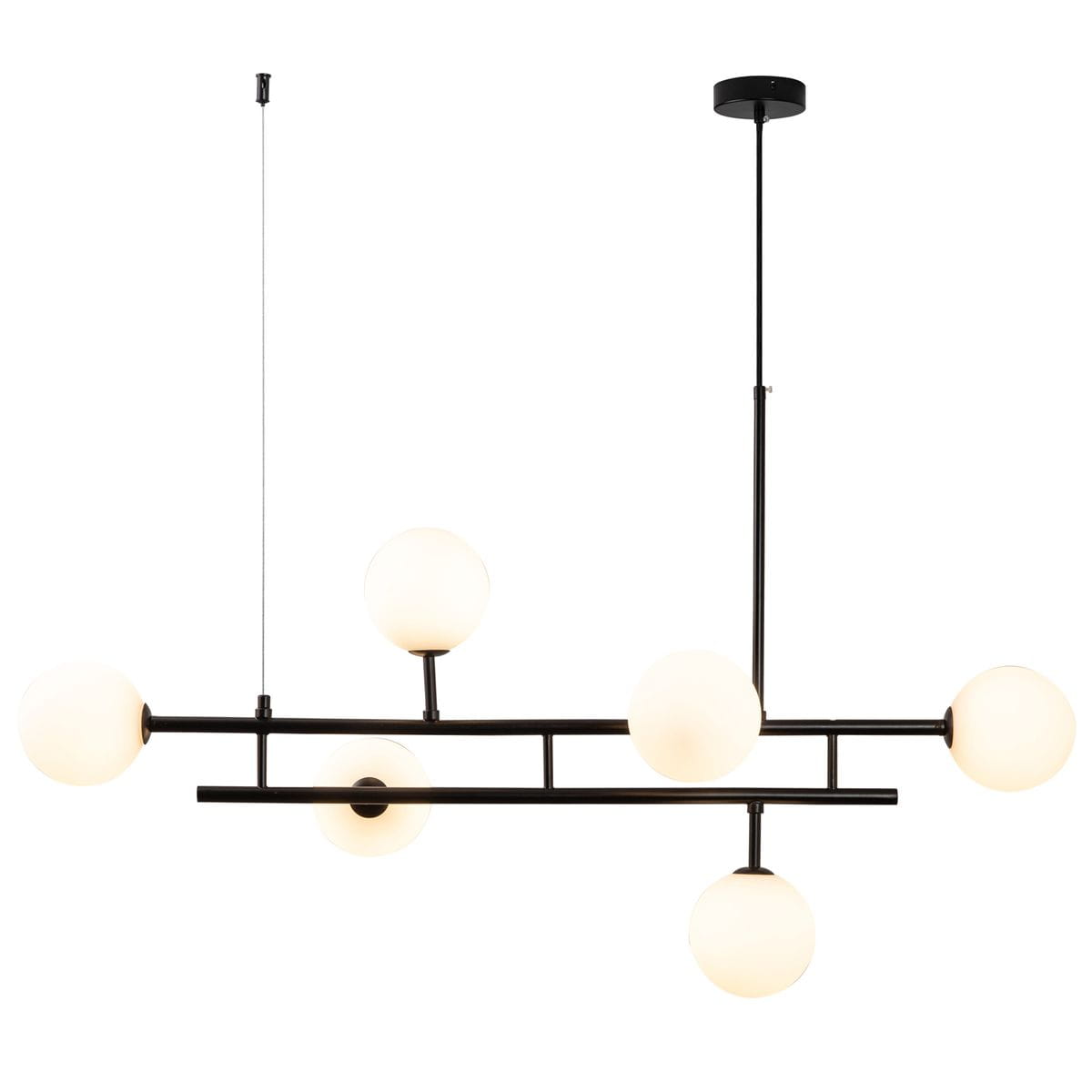 Lampa wisząca Moderno Duo, czarna, z sześcioma kulistymi kloszami z mlecznego szkła na prostokątnej konstrukcji. Ujęcie frontalne, zawieszona na cienkim przewodzie. Idealna do nowoczesnych wnętrz.
