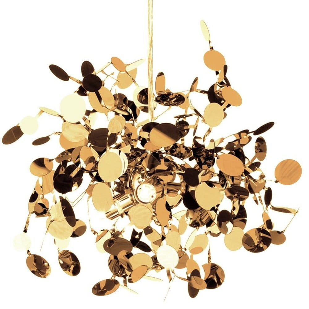 Lampa wisząca Monetti 3xG9 w kolorze złotym, z dekoracyjnymi, okrągłymi elementami w różnych odcieniach złota. Ułożona w kształt kuli, zawieszona na cienkim przewodzie, z widoczną oprawą dla trzech żarówek G9. Tło białe.