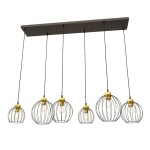 Lampa wisząca Nando 6GL z sześcioma oprawami E27 w czarno-złotej kolorystyce. Metalowe klosze w formie siatki, zawieszone na długich linkach, montowane na prostokątnej podstawie. Idealna do nowoczesnych wnętrz.