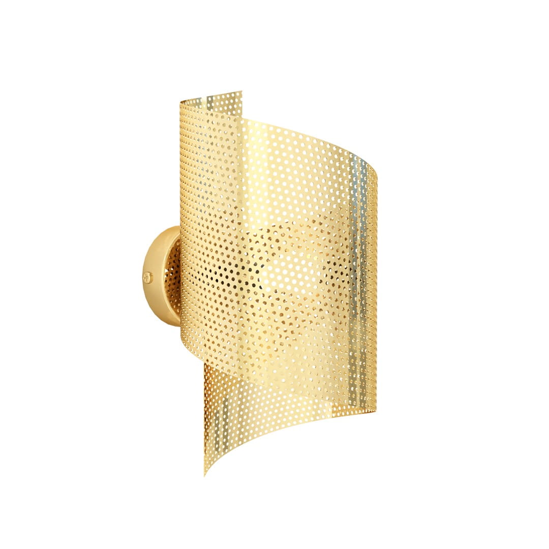 Złoty kinkiet Spiral 1xG9 o zaokrąglonym kształcie, wykonany z perforowanego metalu, zamontowany na okrągłej podstawie. Ujęcie z boku ukazuje jego falisty design oraz połyskliwą powierzchnię. Idealny do nowoczesnych wnętrz.