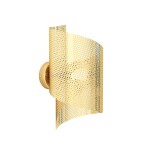 Złoty kinkiet Spiral 1xG9 o zaokrąglonym kształcie, wykonany z perforowanego metalu, zamontowany na okrągłej podstawie. Ujęcie z boku ukazuje jego falisty design oraz połyskliwą powierzchnię. Idealny do nowoczesnych wnętrz.