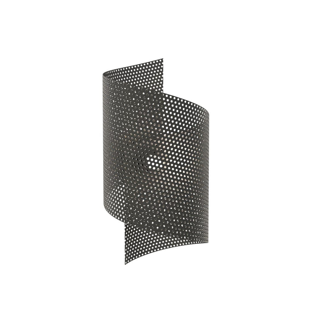 Czarny kinkiet Spiral 1xG9, wykonany z perforowanego metalu, w formie skręconej spirali. Zastosowany kąt ujęcia z boku ukazuje unikalny kształt i teksturę. Produkt idealny do nowoczesnych aranżacji wnętrz.