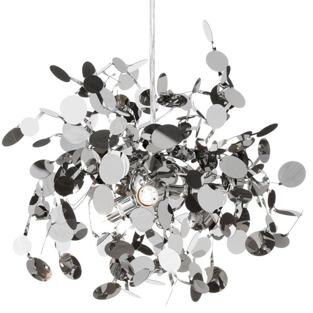 Lampa wisząca Monetti w kolorze chromu z trzema źródłami światła G9. Design z metalowymi, odbijającymi światło elementami w formie okrągłych dysków, ułożonych w chaotyczny sposób, zwisająca na cienkim przewodzie.