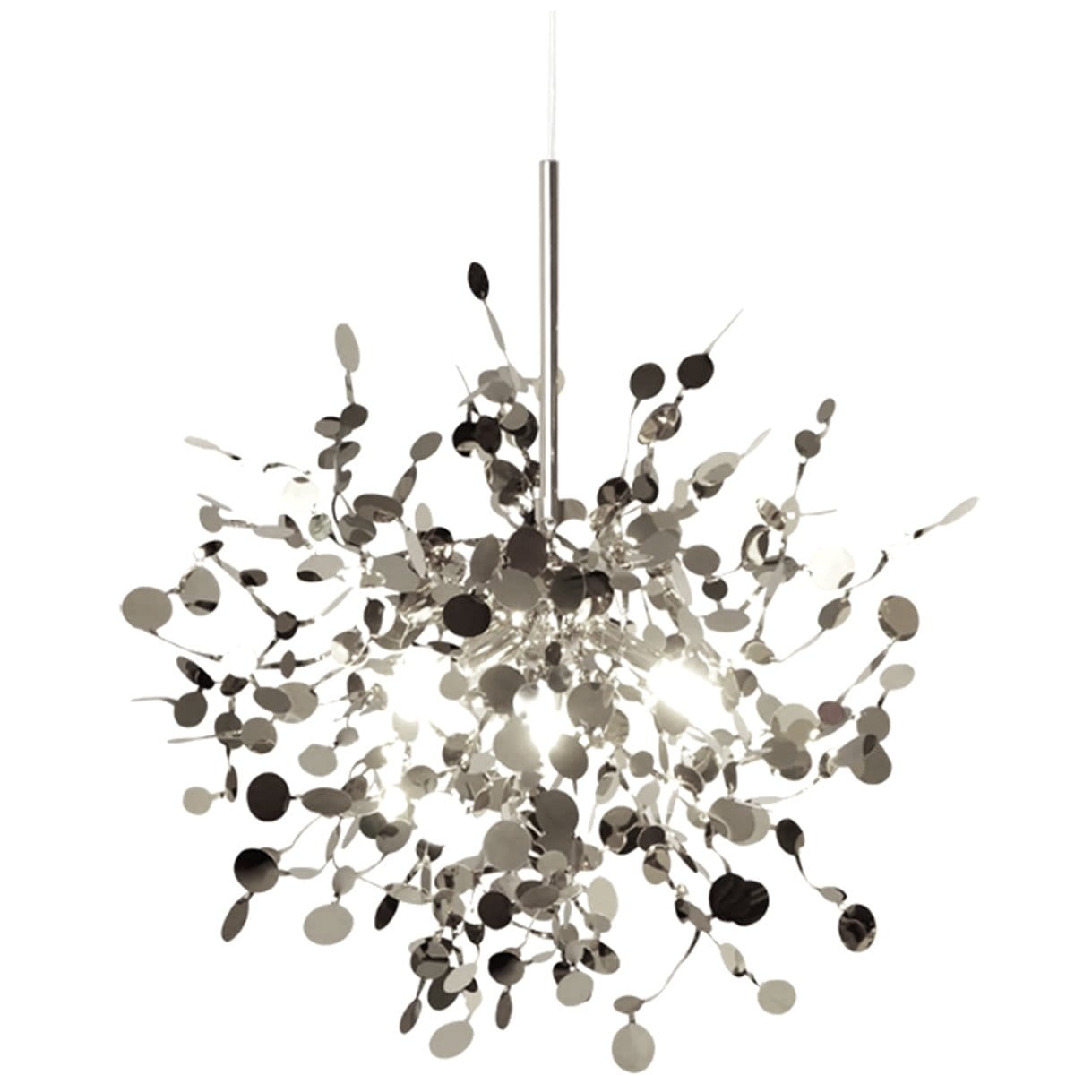 Lampa wisząca Monetti 3xG9 w kolorze chromu, złożona z metalowych, okrągłych elementów w różnych rozmiarach, układających się w efektowny, organiczny kształt. Zawieszona na cienkim przewodzie, idealna do nowoczesnych wnętrz.
