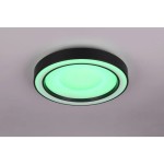 Plafon Arco w kolorze czarnym, o okrągłym kształcie z podświetleniem RGBW. Widok z dołu, z aktywowanym zielonym światłem. Zasilany przez 1xLED/22W, obsługiwany pilotem. Zestawiający elegancki design z nowoczesną funkcjonalnością.