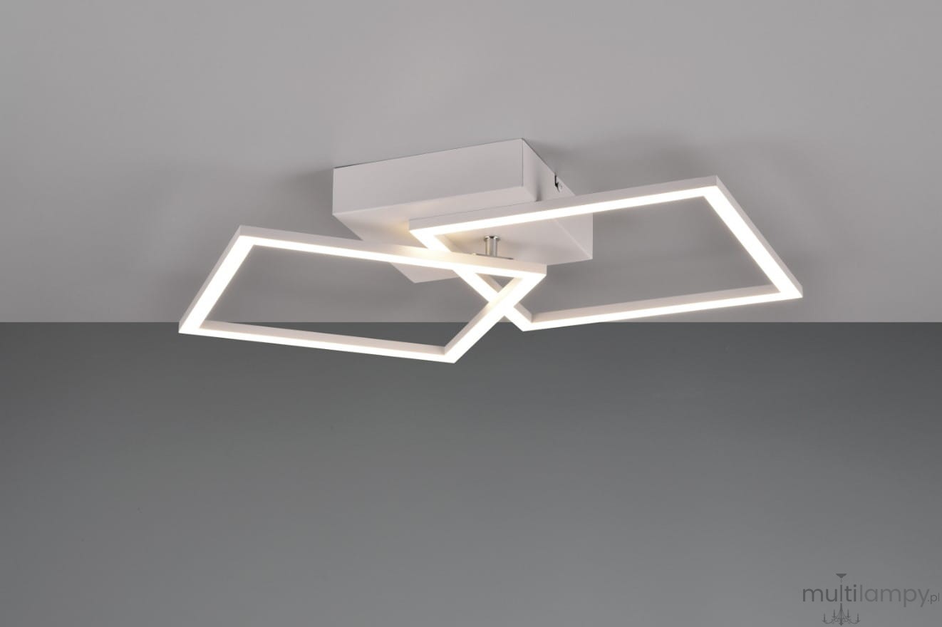 Lampa sufitowa Trail z dwoma źródłami LED o mocy 20W, w kolorze białym. Posiada nowoczesny, geometryczny kształt z dwoma prostokątnymi ramkami, zamontowana na centralnej, kwadratowej podstawie.