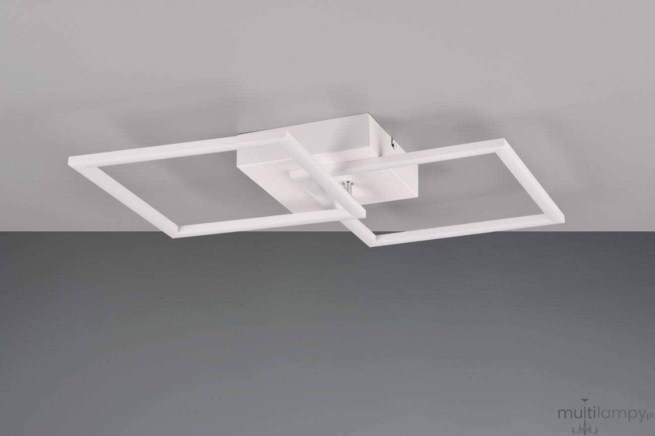 Lampa sufitowa Trail z dwoma kwadratowymi ramkami LED o mocy 20W w kolorze białym. Ujęcie z dołu, pokazujące lampę zamontowaną na szarym suficie. Prosty, nowoczesny design bez dodatkowych zdobień.