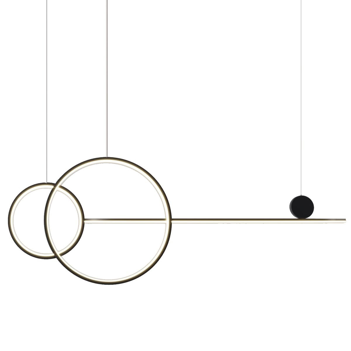 Czarna lampa wisząca New Age z dwoma okręgami i prostokątnym elementem, oświetlenie LED 40W. Zawieszona na cienkich linkach, minimalistyczny design. Wymiary i detale konstrukcyjne nie są widoczne. Tło białe, co podkreśla formę lampy.