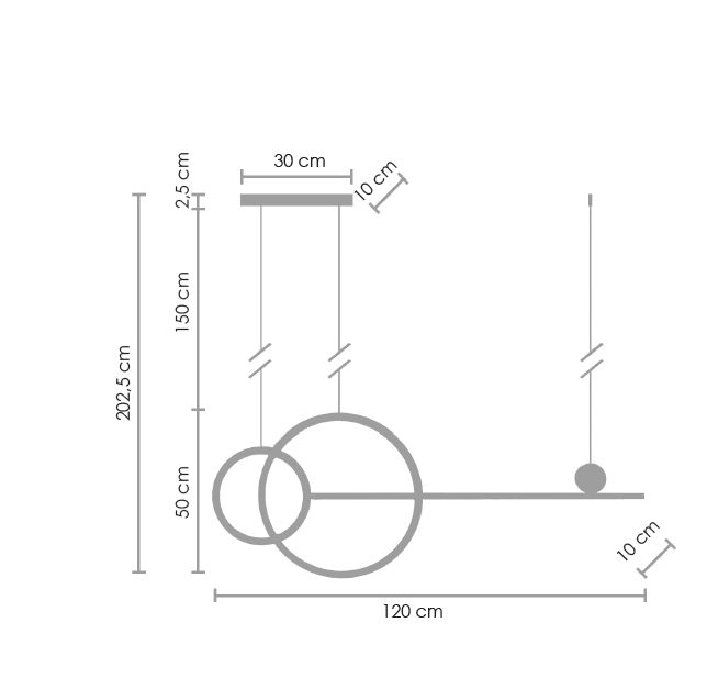 Lampa wisząca New Age, czarna, z dwoma źródłami LED o mocy 40W. Wymiary: długość 120 cm, wysokość 150 cm, szerokość 30 cm. Kształt minimalistyczny z okręgami i kulistym detalem. Zawieszona na regulowanych linkach.