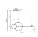 Lampa wisząca New Age, czarna, z dwoma źródłami LED o mocy 40W. Wymiary: długość 120 cm, wysokość 150 cm, szerokość 30 cm. Kształt minimalistyczny z okręgami i kulistym detalem. Zawieszona na regulowanych linkach.