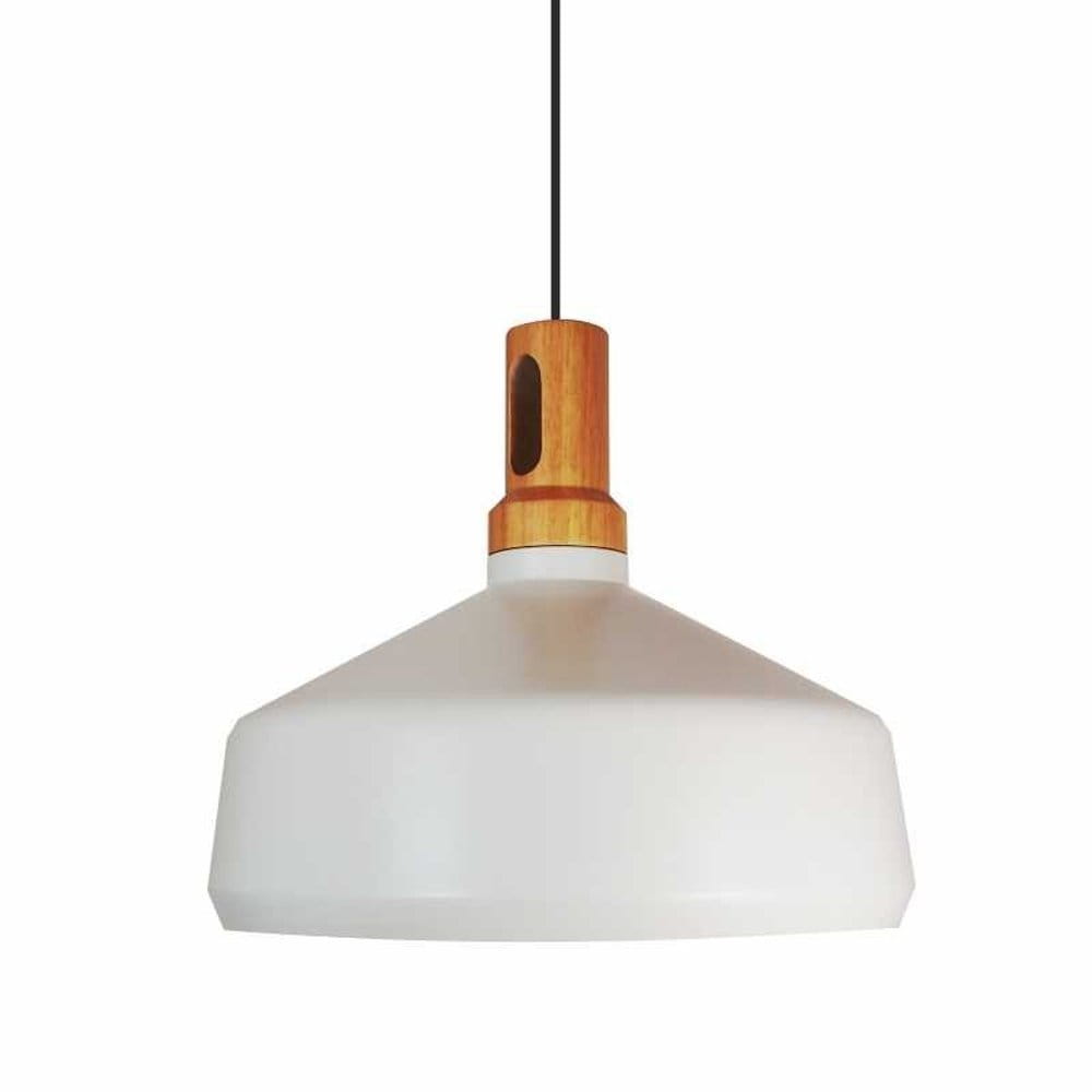 Lampa wisząca Nordic Woody z kloszem w białym kolorze i naturalnym drewnianym uchwytem. Kształt stożkowy, zawieszona na czarnym przewodzie. Przeznaczona na żarówkę E27. Idealna do nowoczesnych wnętrz.