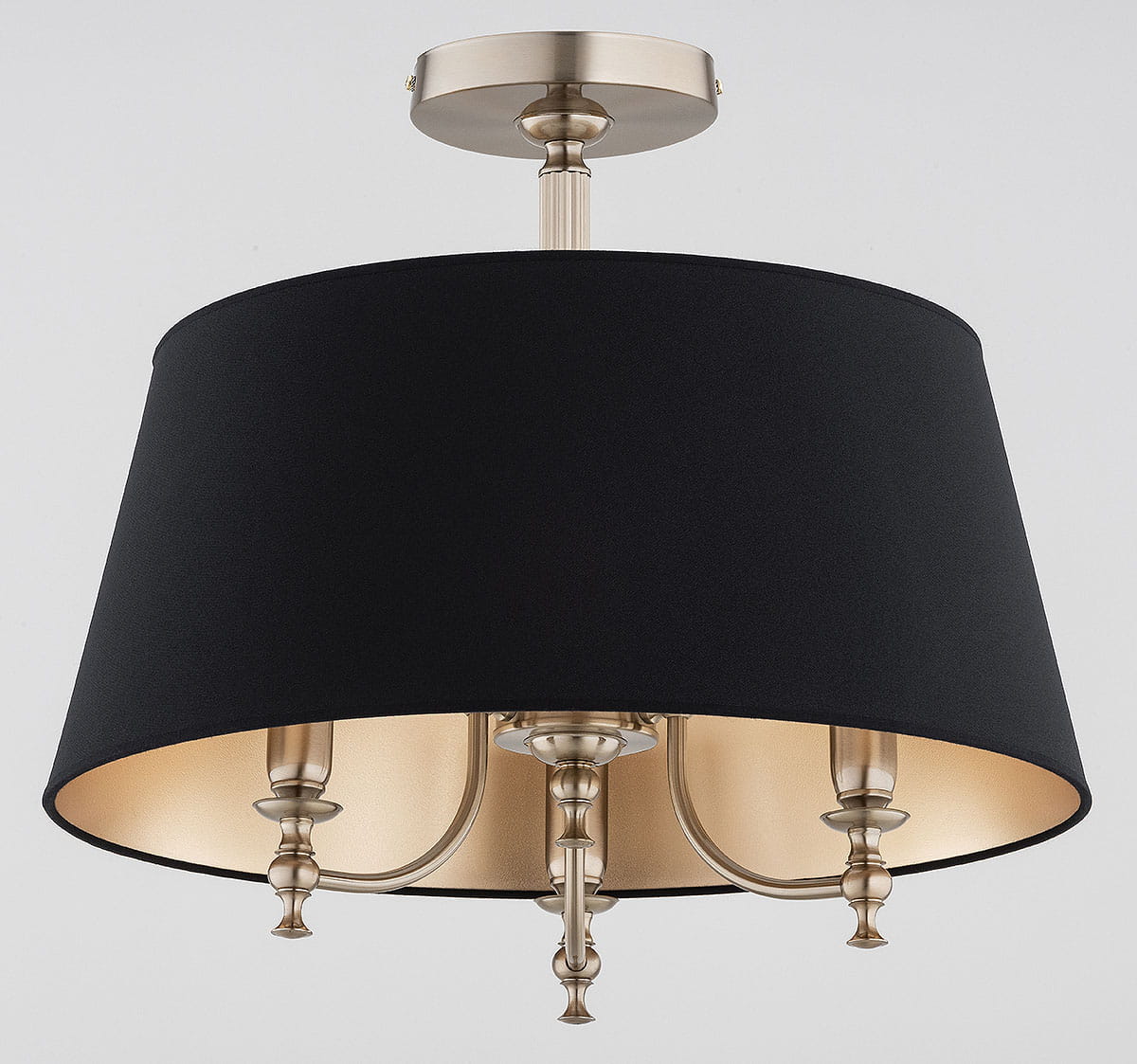 Lampa sufitowa Rosetta 3xE14 w antycznym złocie z czarnym abażurem. Produkt montowany na suficie, z eleganckimi detalami i złotym wnętrzem klosza, tworzy kontrastujący efekt wizualny. Widok z dołu, podkreślający stylowy design.