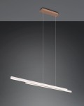 Lampa wisząca Odio z dwoma źródłami światła LED o mocy 22W, w kolorze szarym i kawowym. Posiada prostokątny, smukły kształt z zawieszeniem na cienkich żyłkach. Montaż sufitowy na prostokątnej podstawie w odcieniu kawowym, na szarym tle.