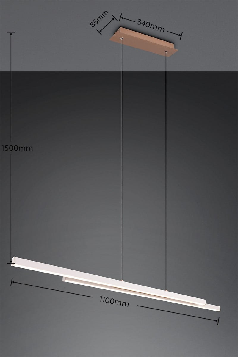 Lampa wisząca Odio z dwoma źródłami LED, o mocy 22W, w kolorze szarym i kawowym. Posiada prostokątną podstawę o wymiarach 340x85mm oraz zwis o długości 1500mm, z podłużnym kloszem o długości 1100mm, zawieszona na cienkich linkach.