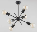 Lampa wisząca Igel, 6-punktowa, czarna. Okrągła podsufitka i sześć ramion z oprawkami w kształcie cylindrów. Widoczne żarówki w przezroczystych kloszach. Ujęcie z góry, prezentujące rozłożenie elementów.