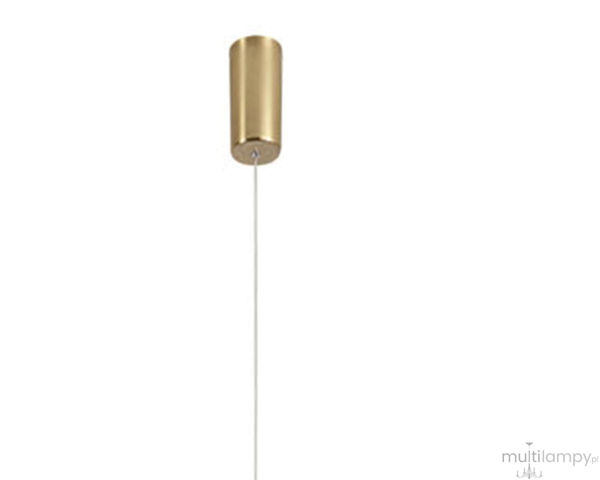 Lampa wisząca O-line 63 w kolorze mosiądzu, z jedną diodą LED 5W. Ujęcie frontalne, z widoczną okrągłą podstawą i cienkim przewodem. Prosty, nowoczesny design, idealna do aranżacji wnętrz. Tło białe, co podkreśla elegancję lampy.