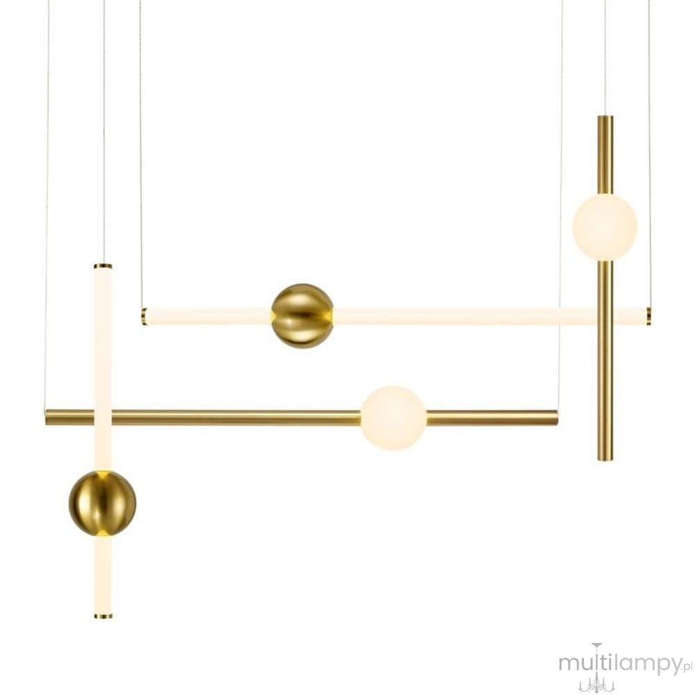 Lampa wisząca O-line S-4 z mosiądzu, z czterema źródłami światła LED o łącznej mocy 32W. Składa się z poziomych i pionowych elementów z matowego szkła oraz metalowych kul, zawieszona na cienkich linkach.