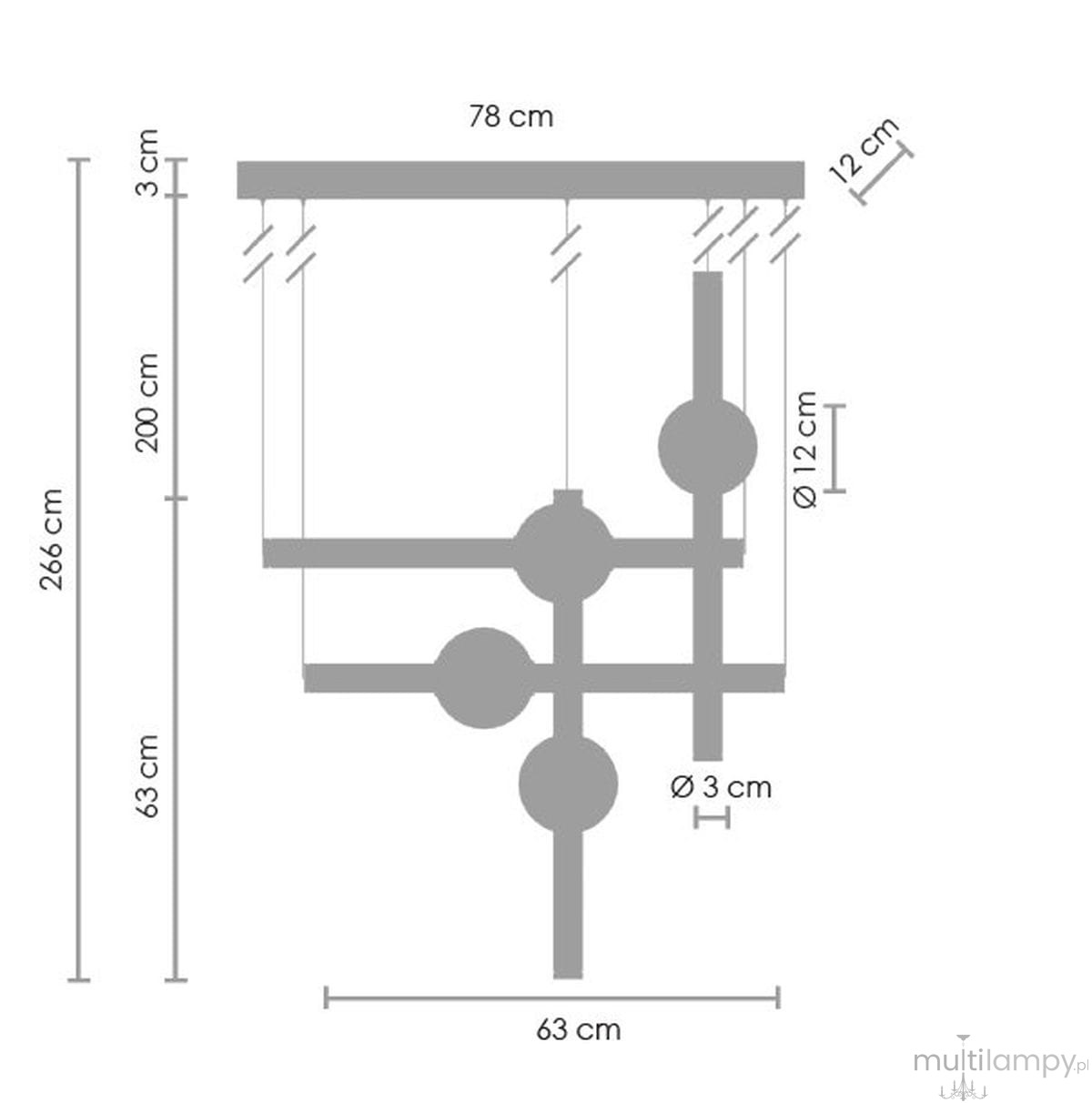 Lampa wisząca O-line S-4 w kolorze mosiądzu, przeznaczona do montażu sufitowego, z czterema źródłami światła LED o mocy 32W. Wymiary: 78 cm szerokości, 63 cm długości, 200 cm długości zwisu, ozdobione okrągłymi detalami o średnicy 12 cm.