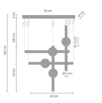 Lampa wisząca O-line S-4 w kolorze mosiądzu, przeznaczona do montażu sufitowego, z czterema źródłami światła LED o mocy 32W. Wymiary: 78 cm szerokości, 63 cm długości, 200 cm długości zwisu, ozdobione okrągłymi detalami o średnicy 12 cm.