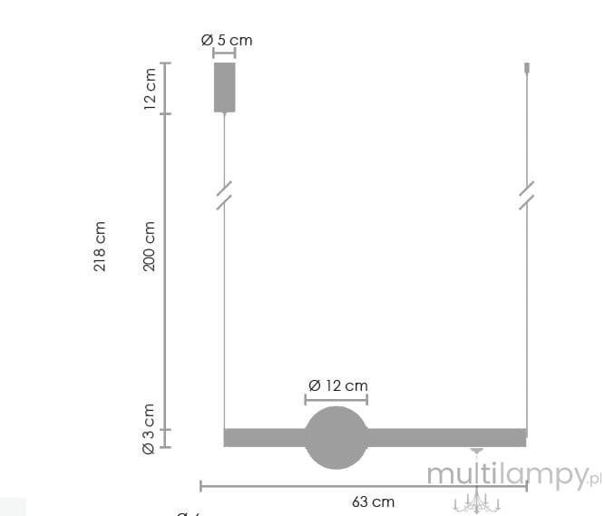 Lampa wisząca O-line 63, czarna połysk, z jednym źródłem światła LED 12W. Wymiary: długość 63 cm, wysokość 218 cm, średnica klosza 12 cm. Zawieszenie na linkach, minimalistyczny design.