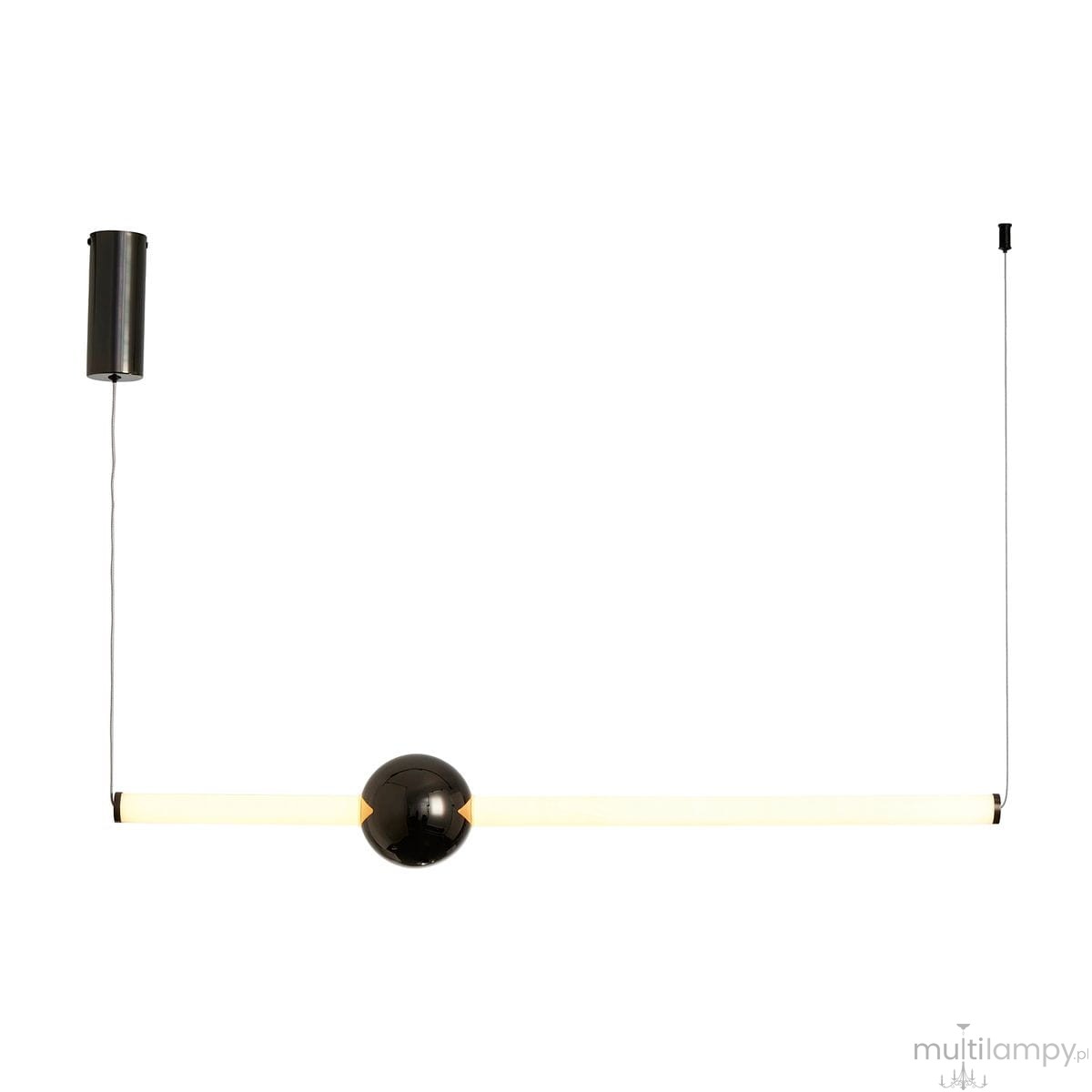 Lampa wisząca O-line 93 w kolorze czarnym połysku z pojedynczym źródłem światła LED 14W. Kształt prostokątny z centralną kulą, zawieszona na cienkim przewodzie. Prosty, nowoczesny design, idealna do minimalistycznych wnętrz.