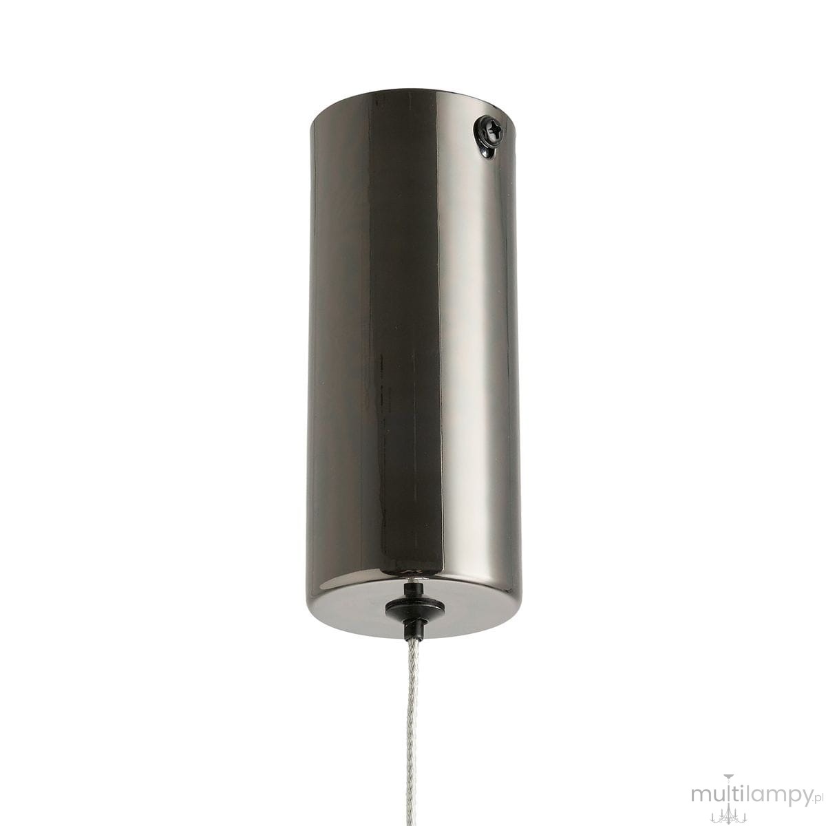 Lampa wisząca O-line 63 w kolorze czarnego połysku, o cylindrycznym kształcie. Widoczny kabel w kolorze białym. Montaż górny z widocznym mocowaniem. Produkt przeznaczony do stosowania z jedną żarówką LED 5W.