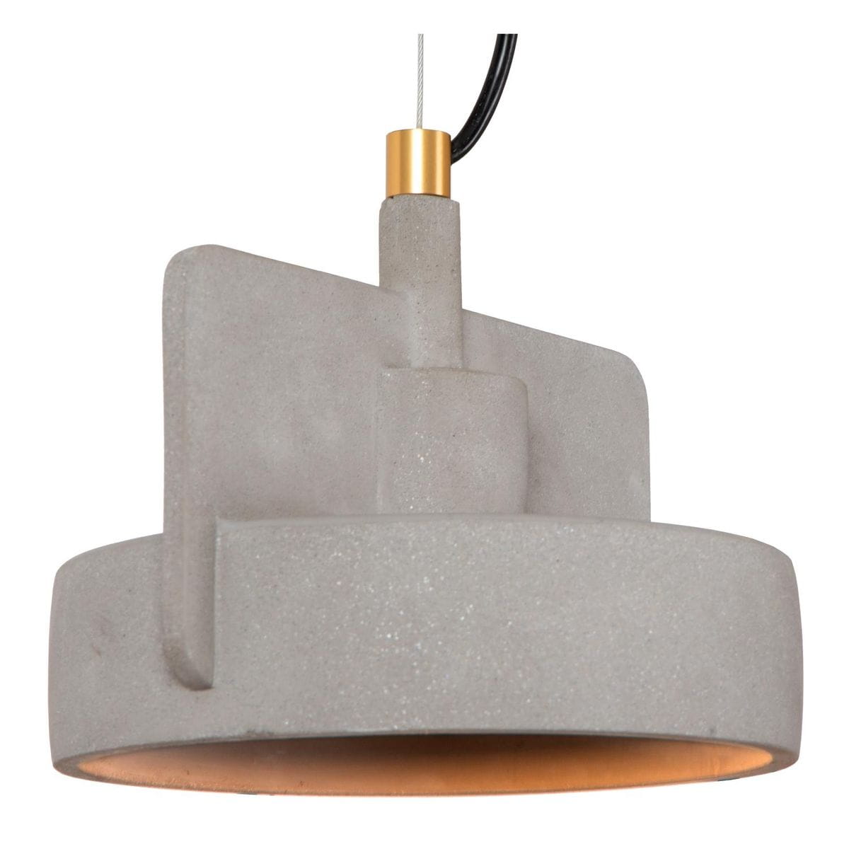 Lampa wisząca Ninja 3xE27 w kolorze czarnym z multikolorowymi akcentami. Okrągła, betonowa konstrukcja z metalowymi detalami, zawieszona na czarnym przewodzie. Wnętrze klosza w kolorze miedzianym, tworzącym ciepłe światło.