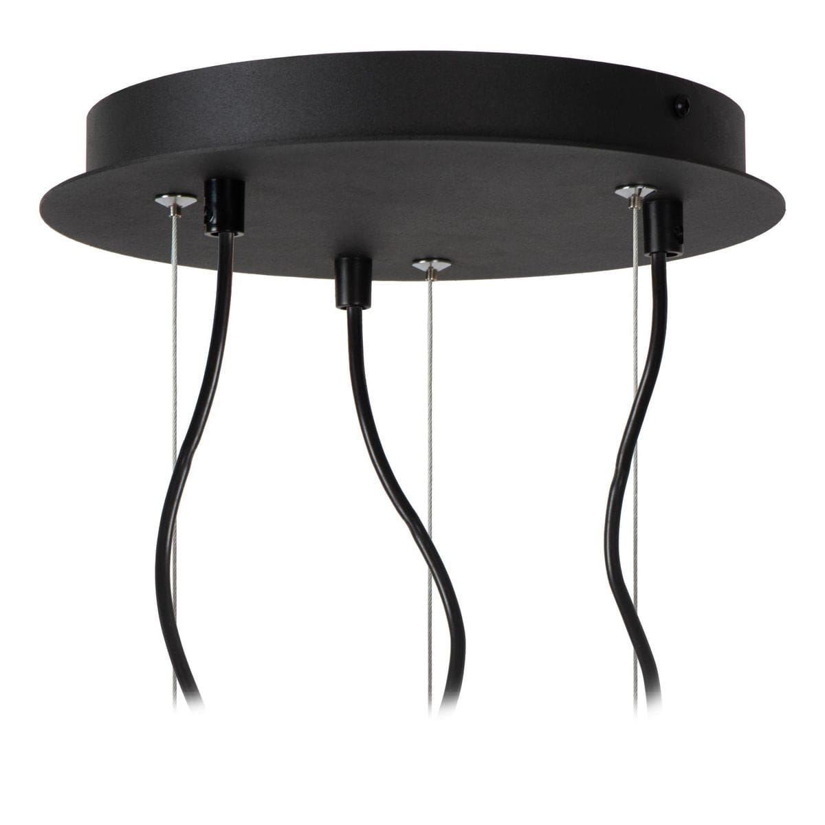 Lampa wisząca Ninja 3xE27 w kolorze czarnym z multikolorowymi przewodami. Ujęcie z dołu, ukazujące okrągły sufitowy element mocujący oraz trzy wiszące kable. Wymiary i detale mocowania są widoczne.