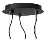 Lampa wisząca Ninja 3xE27 w kolorze czarnym z multikolorowymi przewodami. Ujęcie z dołu, ukazujące okrągły sufitowy element mocujący oraz trzy wiszące kable. Wymiary i detale mocowania są widoczne.