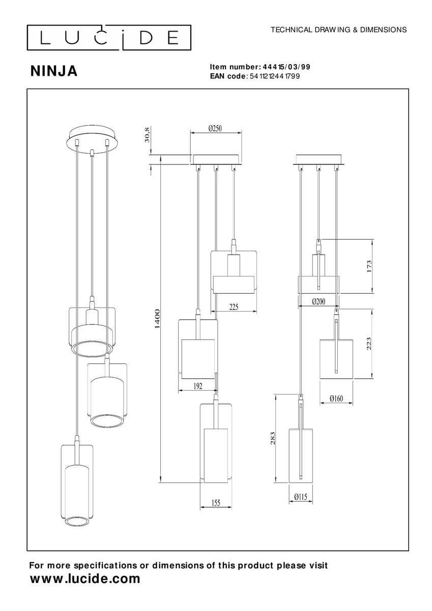 Lampa wisząca Ninja z trzema oprawami E27 w kolorze czarnym z wielokolorowymi akcentami. Produkt ma cylindryczny kształt, zawieszony na regulowanych linkach. Widoczne detale to okrągły sufitowy uchwyt i różne długości przewodów.