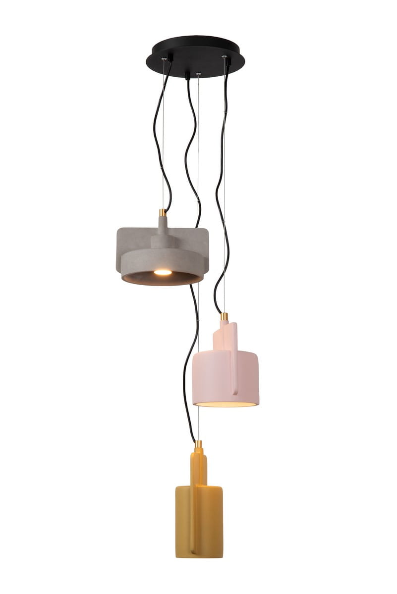 Lampa wisząca Ninja 3xE27 w kolorze czarnym z multikolorowymi kloszami: szarym, różowym i żółtym. Klosze o różnych kształtach zawieszone na cienkich przewodach. Montaż na sufitowym stelażu, widoczne złote detale. Idealna do nowoczesnych wnętrz.