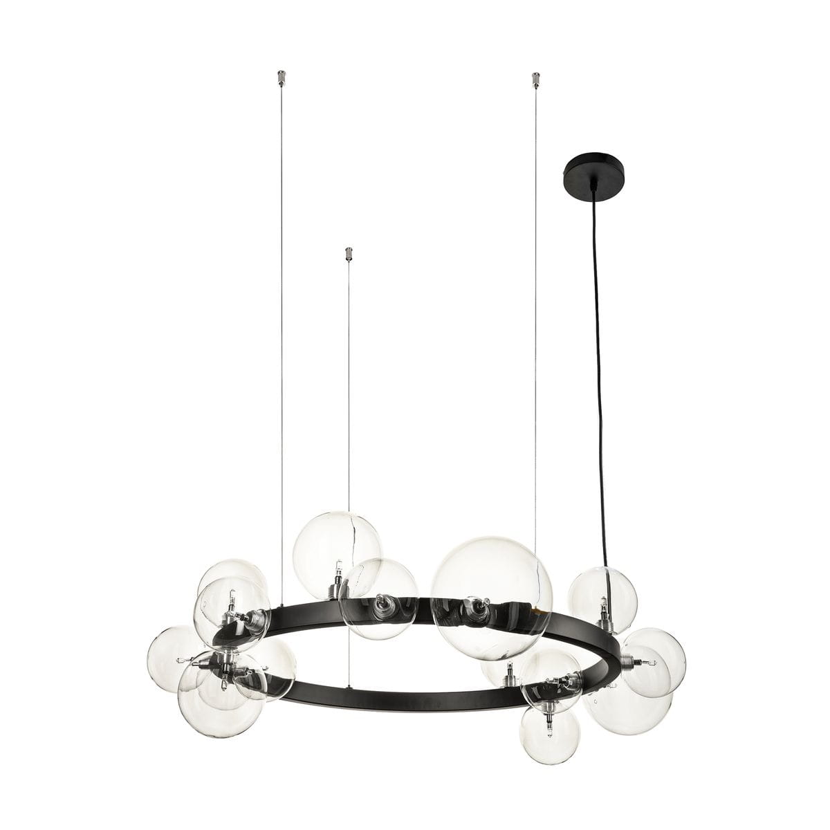 Lampa wisząca Orion w kolorze czarnym z 15 punktami świetlnymi G9. Okrągła konstrukcja z metalowym stelażem i szklanymi kulistymi kloszami. Zawieszona na cienkich linkach, idealna do nowoczesnych wnętrz.