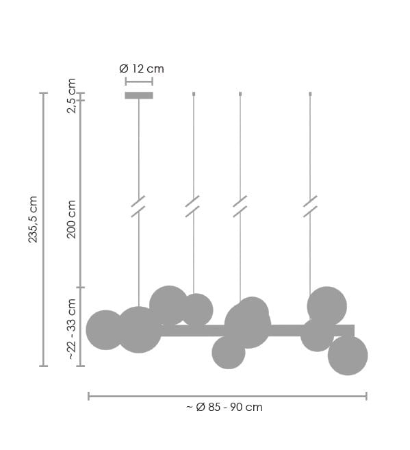 Czarna lampa wisząca Orion z 15 gniazdami G9. Prosta konstrukcja z okrągłymi elementami w różnych rozmiarach. Wymiary: długość ~85-90 cm, wysokość ~22-33 cm, średnica 12 cm. Idealna do nowoczesnych wnętrz.