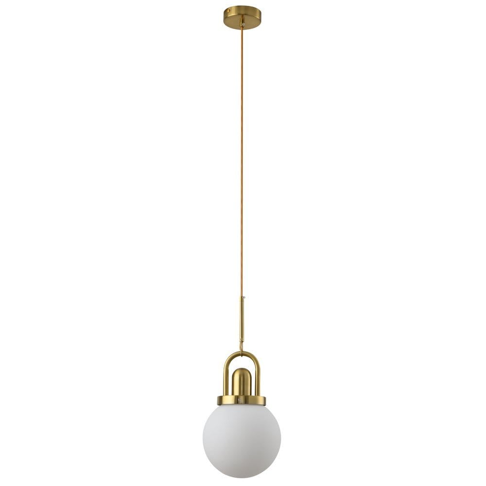 Lampa wisząca Pearl z jednym gniazdem E27, w kolorze złotym. Posiada okrągły, matowy klosz w białym kolorze, zawieszona na cienkim, złotym przewodzie. Ujęcie z przodu, pokazujące całą konstrukcję lampy.