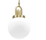 Lampa wisząca Pearl z metalowym złotym uchwytem, okrągła kula ze szkła mlecznego. Widok z dołu, zawieszona na cienkim przewodzie. Idealna do nowoczesnych wnętrz, z miejscem na żarówkę E27. Prosty design, elegancka forma.