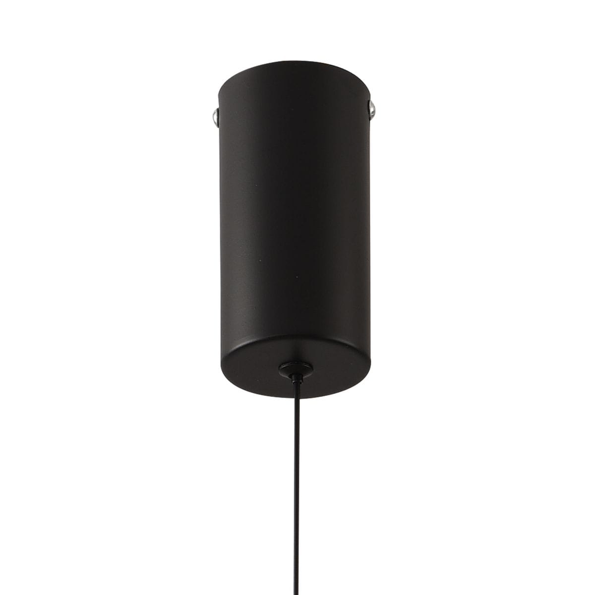 Lampa wisząca w kształcie cylindrycznym, wykonana z metalu w kolorze białym. Posiada jedno źródło światła LED o mocy 6W. Ujęcie z góry, zawieszona na cienkim przewodzie, minimalistyczny design.