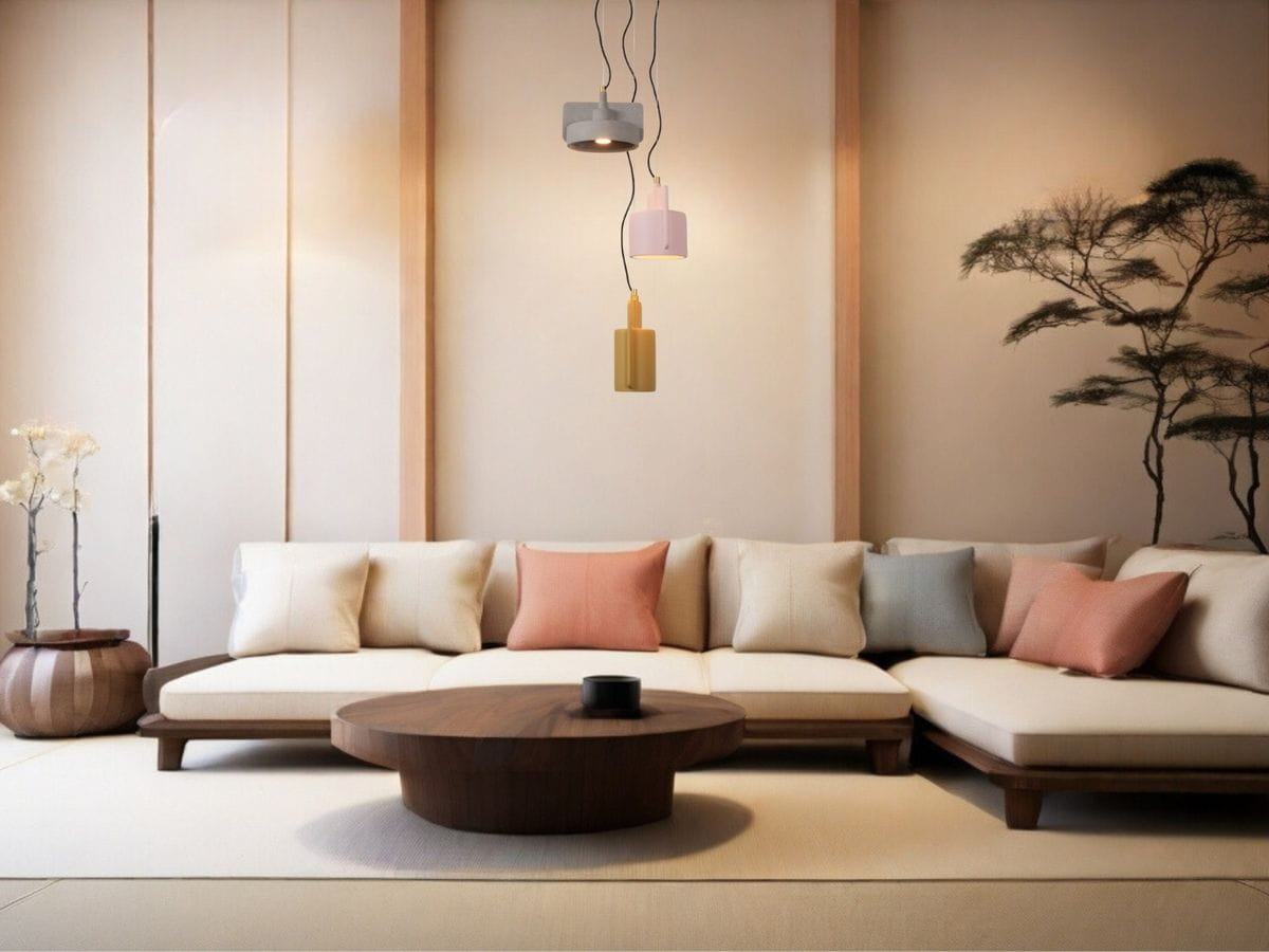 Lampa wisząca Ninja 3xE27 w kolorze czarnym z multikolorowymi kloszami, w zestawieniu z minimalistycznym wnętrzem, zawieszona nad okrągłym stolikiem kawowym i sofą z poduszkami w różnych odcieniach.