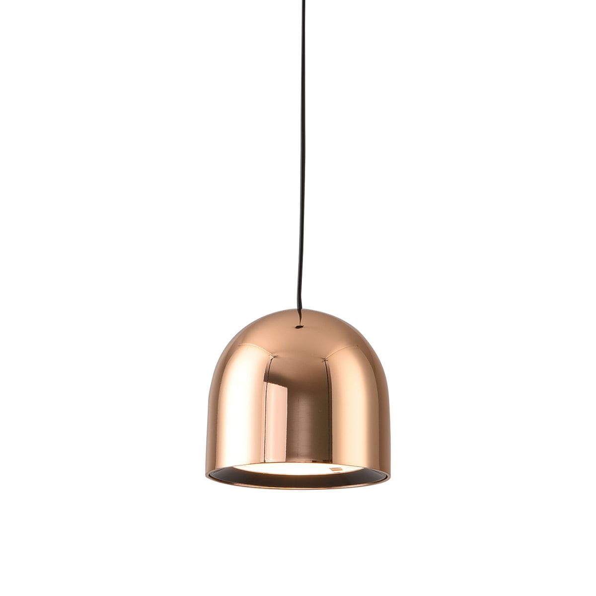 Lampa wisząca w złotym kolorze, o zaokrąglonym kształcie, zawieszona na cienkim czarnym przewodzie. Posiada miejsce na jedną żarówkę LED o mocy 6W, z otwartą dolną częścią, co zapewnia efektywne oświetlenie.